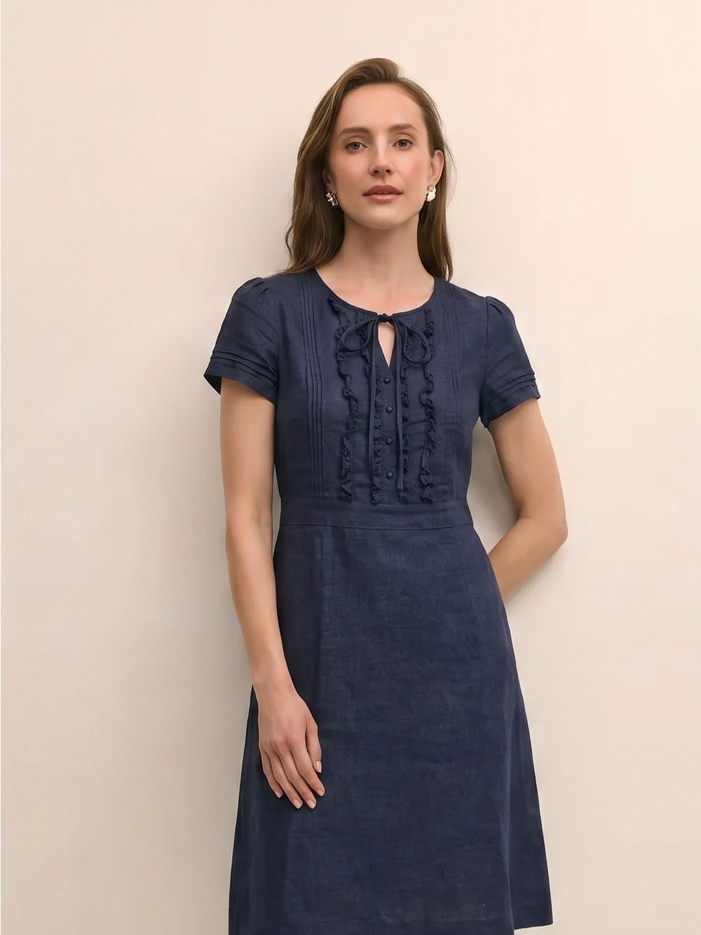 100% Linen Brooks Brothers 346 Navy Blue Linen Ruffle Pintuck Dress - Size 2